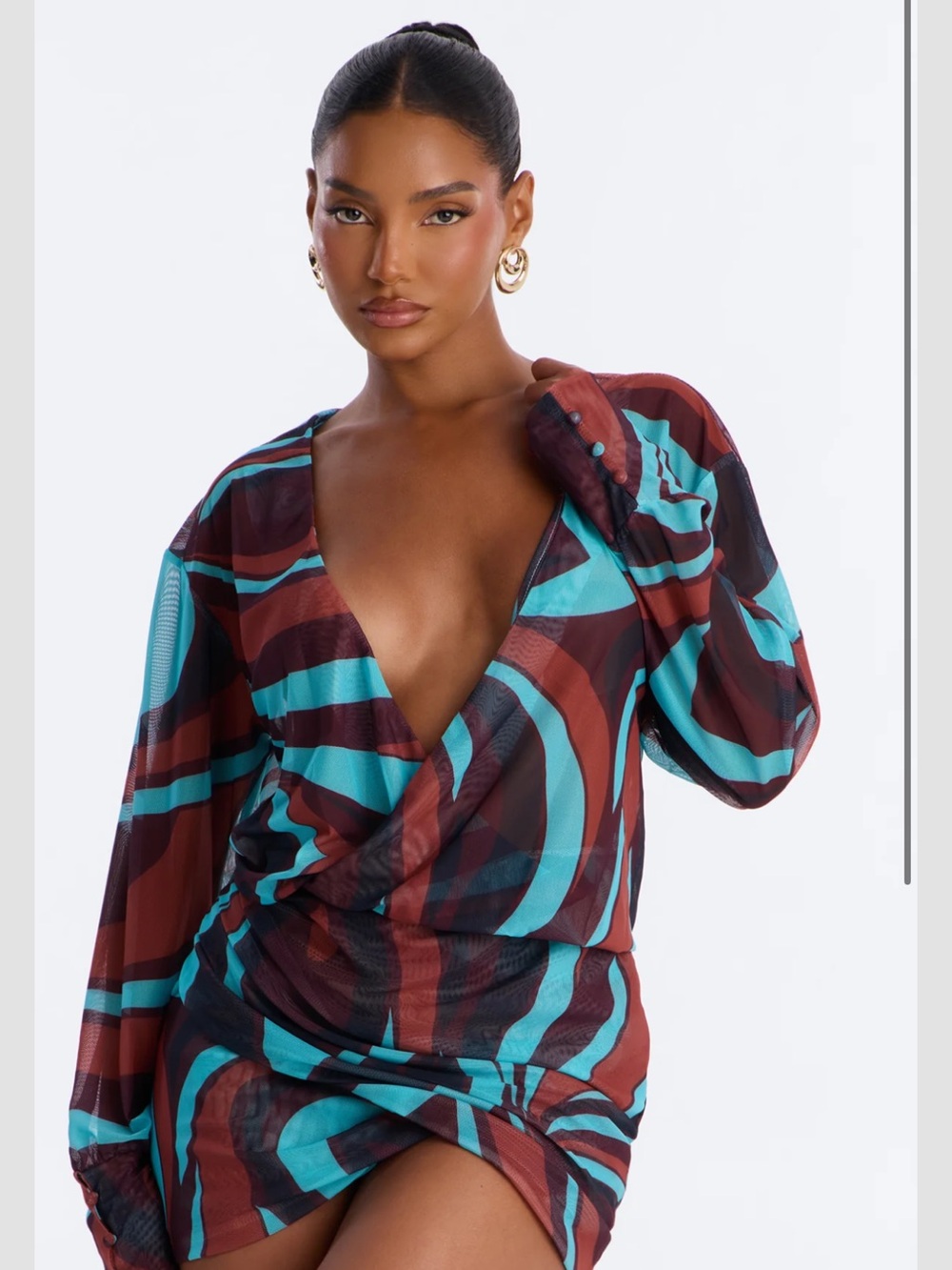 Women’s Teal & Brown Wrap Mini Dress Top